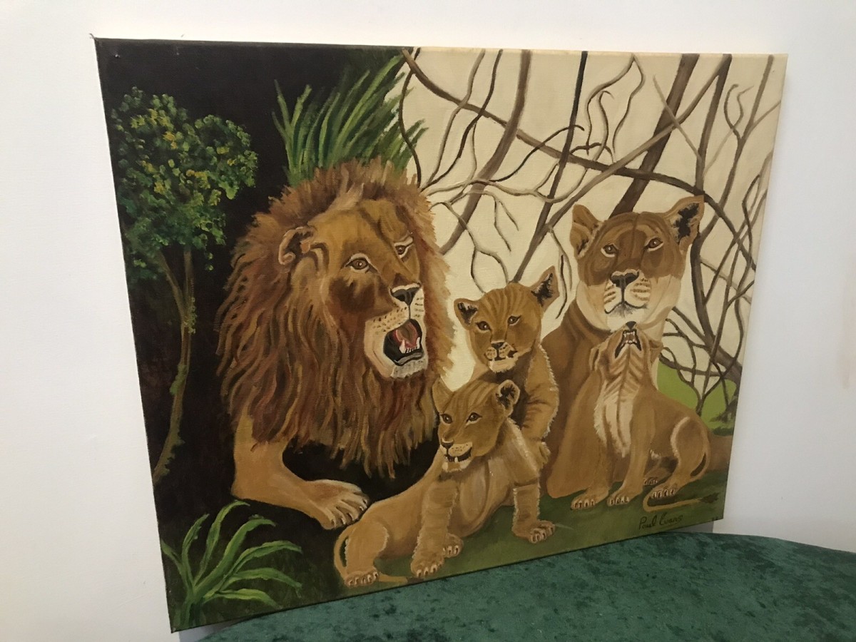 Contemporary Artwork Lion & Lioness With Cubs On Canvas By Artist Paul Evans