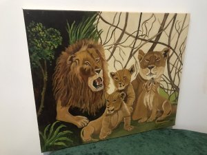 Contemporary Artwork Lion & Lioness With Cubs On Canvas By Artist Paul Evans Roaring Lion With Lioness And Three Playful Cubs Lovely Detailed Composition Set In Jungle Landscape Oil On Canvas Signed By The Artist - Paul Evans No Frame But Lovely Subject Dimensions In Inches Height 20” Width 23.5”