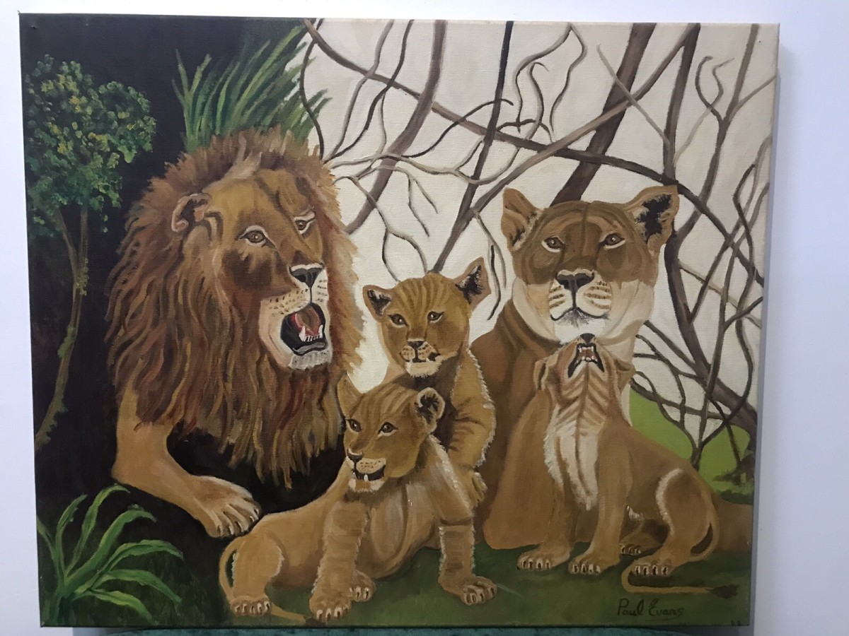 Contemporary Artwork Lion & Lioness With Cubs On Canvas By Artist Paul Evans