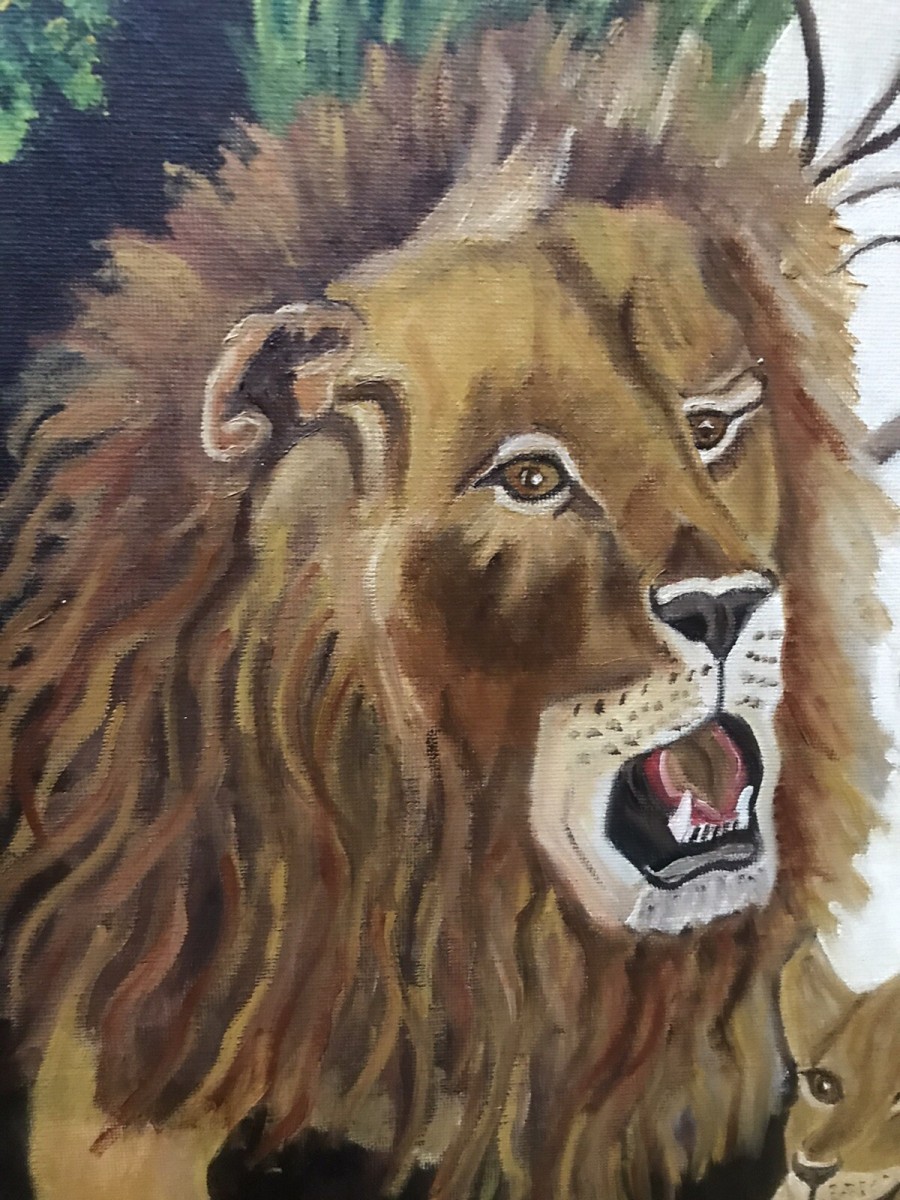 Contemporary Artwork Lion & Lioness With Cubs On Canvas By Artist Paul Evans