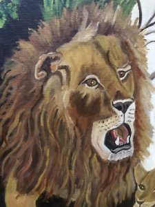 Contemporary Artwork Lion & Lioness With Cubs On Canvas By Artist Paul Evans Roaring Lion With Lioness And Three Playful Cubs Lovely Detailed Composition Set In Jungle Landscape Oil On Canvas Signed By The Artist - Paul Evans No Frame But Lovely Subject Dimensions In Inches Height 20” Width 23.5”