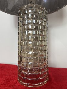 Pair Modern Art Contemporary Geometric Glass Lamps With Shades. Circa - Modern Reproduction Composition - Glass Condition - Used Pristine Matching Pair Of Modernistic Designer Glass Table Top Lamps, Both Cylindrical Bases In A Geometric Pattern With Holographic Finish In Champagne Colour. Singular Bulb Fixtures With British Corded Plug With On/Off Switch. Complete With Beige Gold Shade. Unused/ Unboxed Dimensions In Inches Height With Shades 19" Base Height Including Bulb Mount 15.5" Base Diameter 4 1/4"