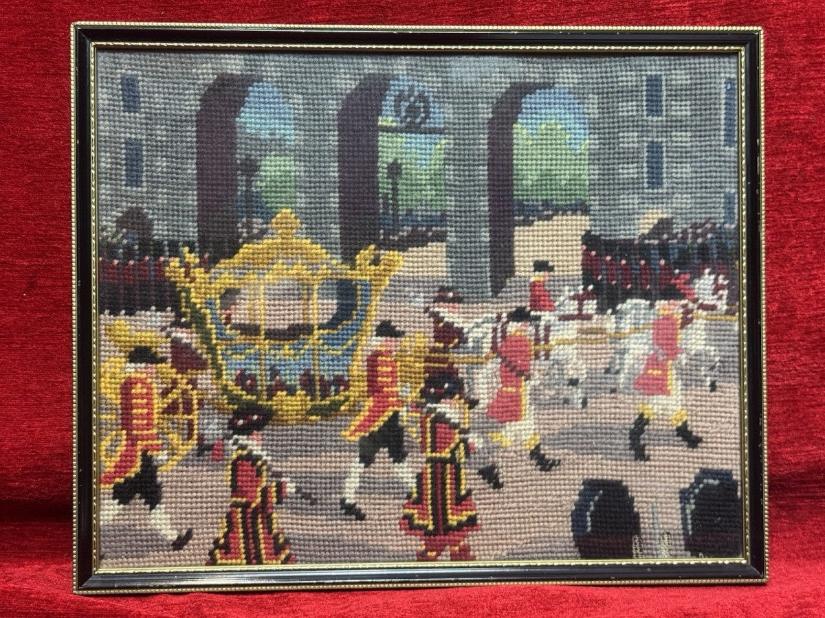 Queen Elizabeth Ii Coronation Vintage Wool-work Framed Tapestry