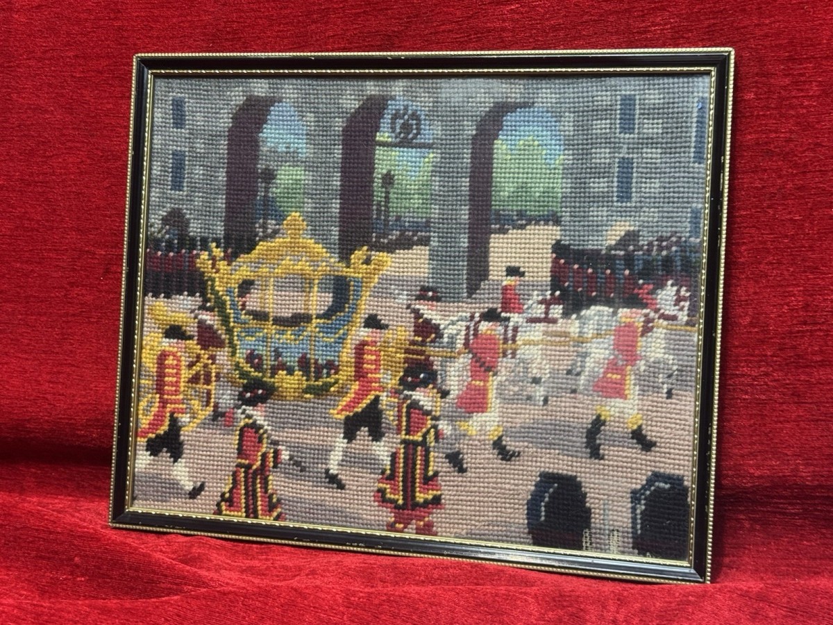 Queen Elizabeth Ii Coronation Vintage Wool-work Framed Tapestry