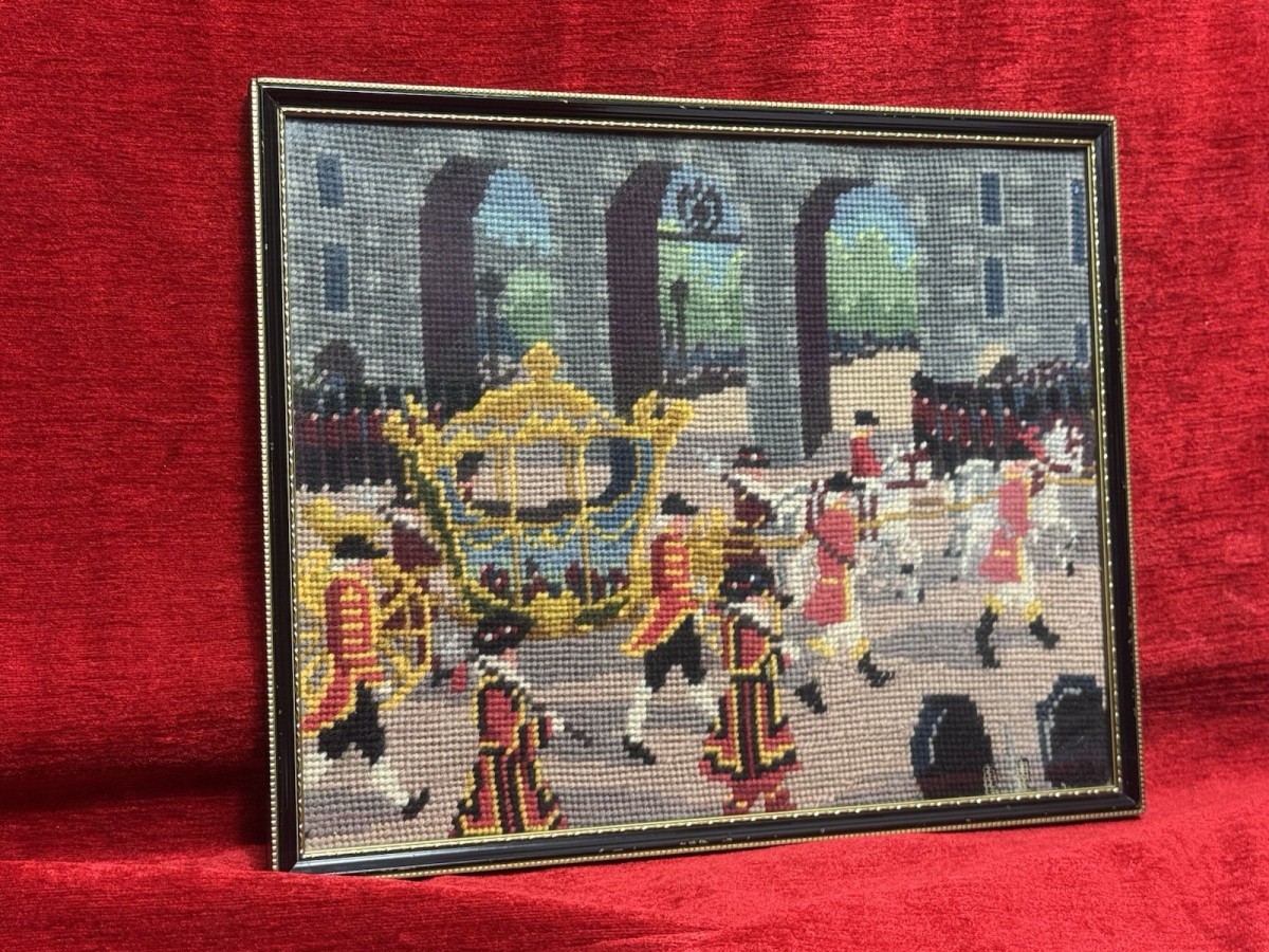 Queen Elizabeth Ii Coronation Vintage Wool-work Framed Tapestry