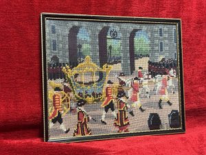 Queen Elizabeth II Coronation Vintage Wool-work Framed Tapestry Circa - 1950 Composition - Wool Thread Embroidery Listing Description Historic Wall Hanging.Hand Embroidered Wool Work Tapestry Depicting Queen Elizabeth II Coronation. Such An Enchanting Artwork Showing The Horse Drawn Coach With The Queen Inside Surrounded By Parading Guards Against Architectural Backdrop. Minor Missing Wool Please See Images. Set In Glazed Frame. Dimensions In Cms Height 28.5cm X Width35cm