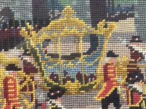 Queen Elizabeth II Coronation Vintage Wool-work Framed Tapestry Circa - 1950 Composition - Wool Thread Embroidery Listing Description Historic Wall Hanging.Hand Embroidered Wool Work Tapestry Depicting Queen Elizabeth II Coronation. Such An Enchanting Artwork Showing The Horse Drawn Coach With The Queen Inside Surrounded By Parading Guards Against Architectural Backdrop. Minor Missing Wool Please See Images. Set In Glazed Frame. Dimensions In Cms Height 28.5cm X Width35cm