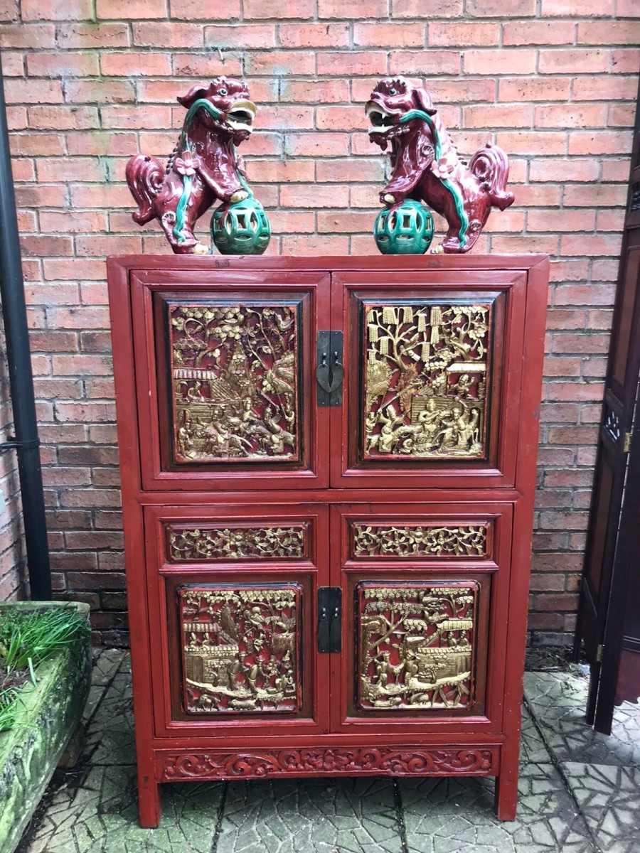 Rare Imperial Red Lacquer & Gilt Marriage Cabinet With Hand Carved Panels