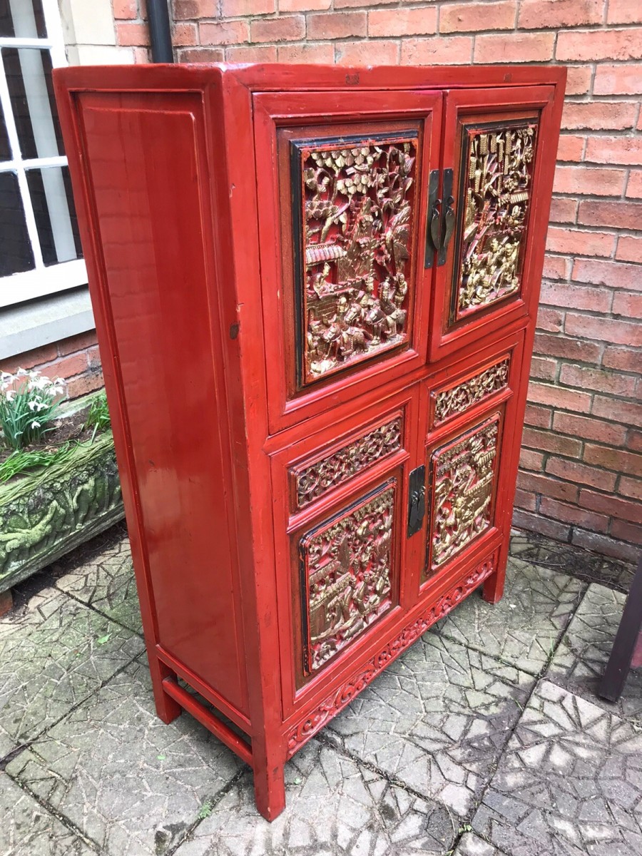 Rare Imperial Red Lacquer & Gilt Marriage Cabinet With Hand Carved Panels