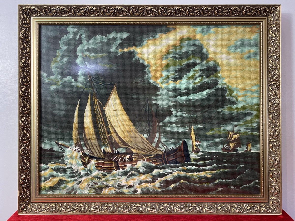 Primary image for Large Maritime Wool Work Tapestry Masterpiece Of Sailing Ships Upon Stormy Sea