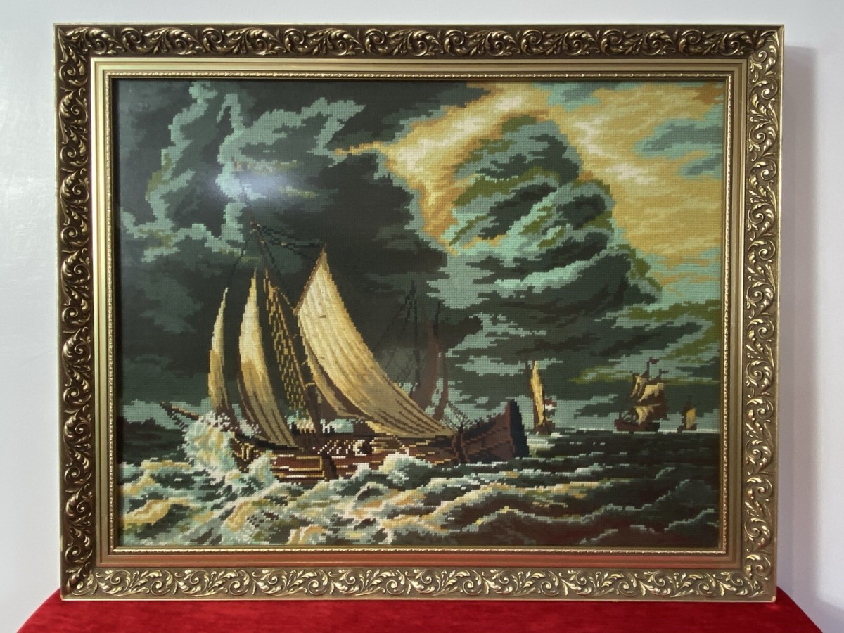 Large Maritime Wool Work Tapestry Masterpiece Of Sailing Ships Upon Stormy Sea