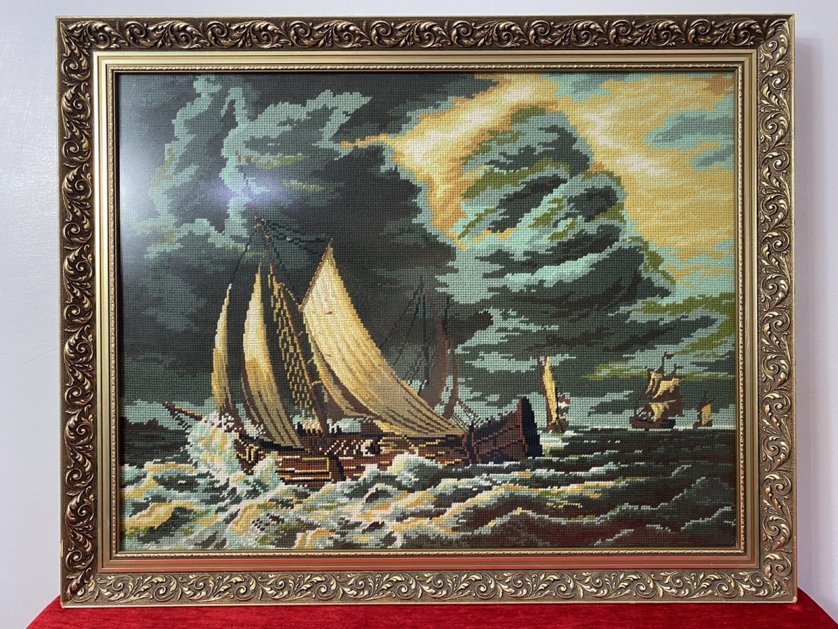 Large Maritime Wool Work Tapestry Masterpiece Of Sailing Ships Upon Stormy Sea