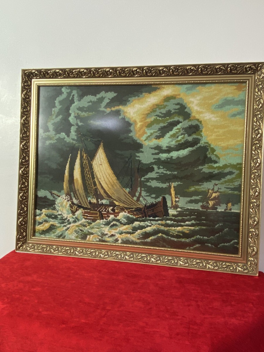 Large Maritime Wool Work Tapestry Masterpiece Of Sailing Ships Upon Stormy Sea