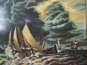 Large Maritime Handwoven Wool Work Tapestry Masterpiece Of Sailing Ships Upon Stormy Sea Circa - Vintage 1960's Approx Composition - Wool Work Tapestry Listing Description Stunning Hand Woven Wool Work Tapestry Of Five Large Wooden Masted Sailing Ships On Stormy Sea. The Maker Has Captured The Aggressive Movement Of The Waves With An Array Of Deep Blue, Kharki Green And White Hues As The Waves Break Up On The Side Of The Closest Vessel. The Largest Ship Passes By Another Vessel, You Can Just See The Masts Behind, Whilst Three Sailing Ships Approach From The Distance. A Wonderful Sky Display Filled With Lightening Strikes And Dark Clouds. Beautiful Handwoven Maritime Collectors Piece Set In Ornate Floral Filigree Gilt Wood Frame. Fine Art Gallery Upon The Back. Unsigned. Dimensions In Inches Height 23 1/4" Width29"
