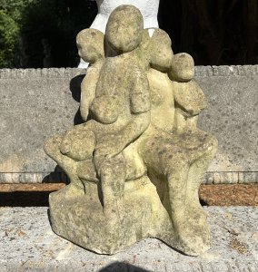 Modernistic Henri Moore Style 'Family Heirloom Portrait ' Garden Statue Circa - Vintage Composition - Reconstituted Stone Listing Description Rare Modernistic Garden Sculpture In The Henri Moore Style, Depicting A Family Portrait With Central Mother And Father Figures, A Young Boy Leans Back Onto His Fathers Lap With Open Arms, The Mother Has Young Infant Standing Upon Her Knee, Young Daughter Stands Upon The Chair Between Her Fathers Knees. Unusual Subject With Interesting Form. Wonderful Statue For Family Garden. Lovely Size Too! Dimensions in Inches Height 21" Width 17" Depth 15"