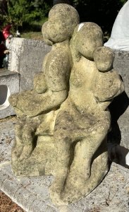 Modernistic Henri Moore Style 'Family Heirloom Portrait ' Garden Statue Circa - Vintage Composition - Reconstituted Stone Listing Description Rare Modernistic Garden Sculpture In The Henri Moore Style, Depicting A Family Portrait With Central Mother And Father Figures, A Young Boy Leans Back Onto His Fathers Lap With Open Arms, The Mother Has Young Infant Standing Upon Her Knee, Young Daughter Stands Upon The Chair Between Her Fathers Knees. Unusual Subject With Interesting Form. Wonderful Statue For Family Garden. Lovely Size Too! Dimensions in Inches Height 21" Width 17" Depth 15"