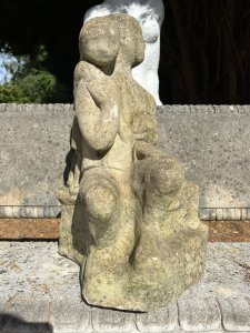 Modernistic Henri Moore Style 'Family Heirloom Portrait ' Garden Statue Circa - Vintage Composition - Reconstituted Stone Listing Description Rare Modernistic Garden Sculpture In The Henri Moore Style, Depicting A Family Portrait With Central Mother And Father Figures, A Young Boy Leans Back Onto His Fathers Lap With Open Arms, The Mother Has Young Infant Standing Upon Her Knee, Young Daughter Stands Upon The Chair Between Her Fathers Knees. Unusual Subject With Interesting Form. Wonderful Statue For Family Garden. Lovely Size Too! Dimensions in Inches Height 21" Width 17" Depth 15"