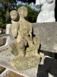 Modernistic Henri Moore Style 'Family Heirloom Portrait ' Garden Statue Circa - Vintage Composition - Reconstituted Stone Listing Description Rare Modernistic Garden Sculpture In The Henri Moore Style, Depicting A Family Portrait With Central Mother And Father Figures, A Young Boy Leans Back Onto His Fathers Lap With Open Arms, The Mother Has Young Infant Standing Upon Her Knee, Young Daughter Stands Upon The Chair Between Her Fathers Knees. Unusual Subject With Interesting Form. Wonderful Statue For Family Garden. Lovely Size Too! Dimensions in Inches Height 21" Width 17" Depth 15"