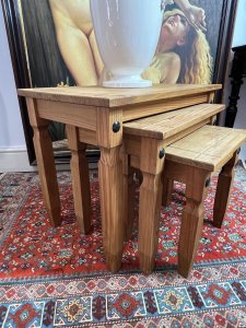 Country Pine Trio Of Nesting Tables Circa - Vintage Composition - Solid Pine Listing Description Beautiful Country Farmhouse Style Nest Of Tables. Trio With Boarded Edged Top And Shaped Legs In Solid Pine Wood. Stunning Quality Vintage Tables. Condition - Very Good Showing Minor Marks And Scratches Due To Age. Dimensions In Inches Height 21" X Width 36" X Depth 16 3/4" Largest Table Measurments