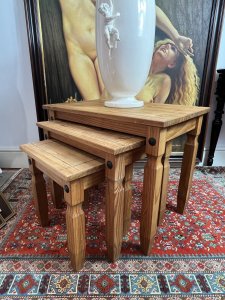 Country Pine Trio Of Nesting Tables Circa - Vintage Composition - Solid Pine Listing Description Beautiful Country Farmhouse Style Nest Of Tables. Trio With Boarded Edged Top And Shaped Legs In Solid Pine Wood. Stunning Quality Vintage Tables. Condition - Very Good Showing Minor Marks And Scratches Due To Age. Dimensions In Inches Height 21" X Width 36" X Depth 16 3/4" Largest Table Measurments