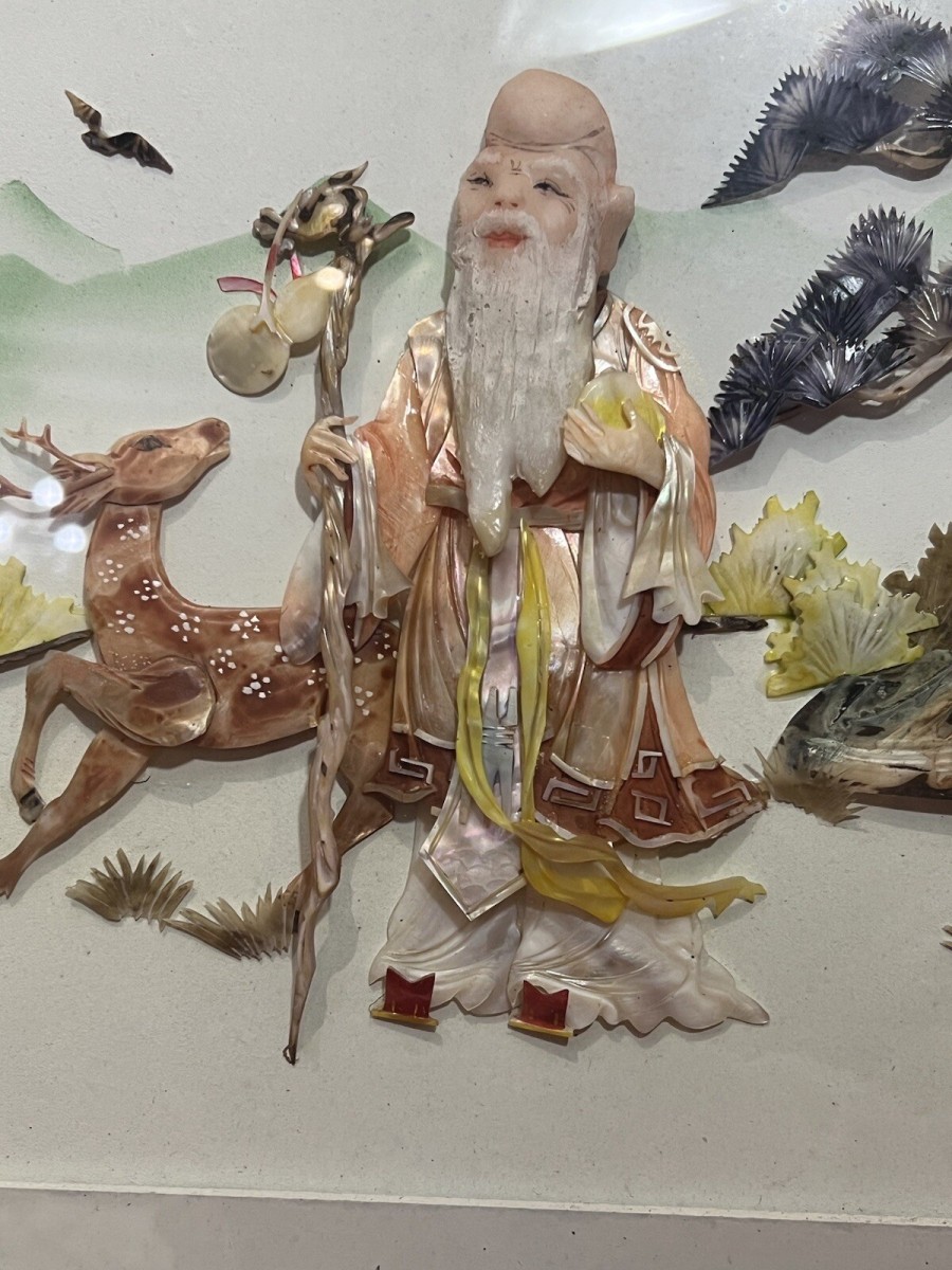 Oriental Chinese Lao Shouxin Deity Of Longevity Mother Of Pearl Artwork Signed