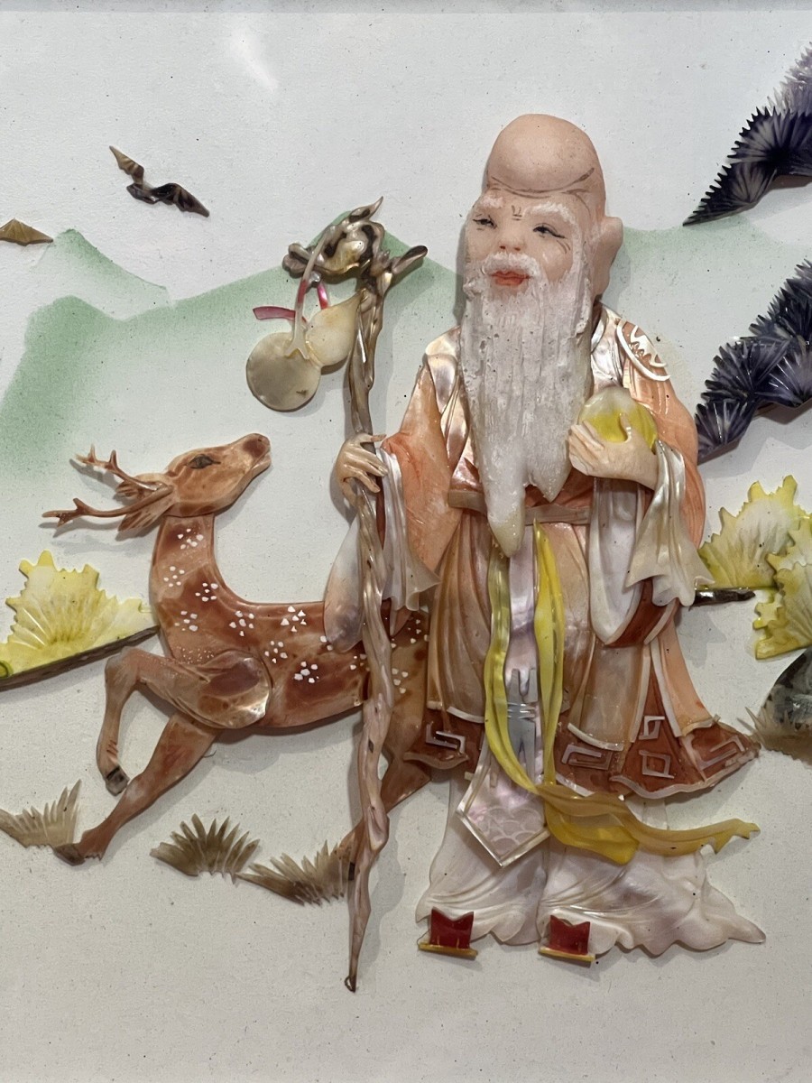Oriental Chinese Lao Shouxin Deity Of Longevity Mother Of Pearl Artwork Signed