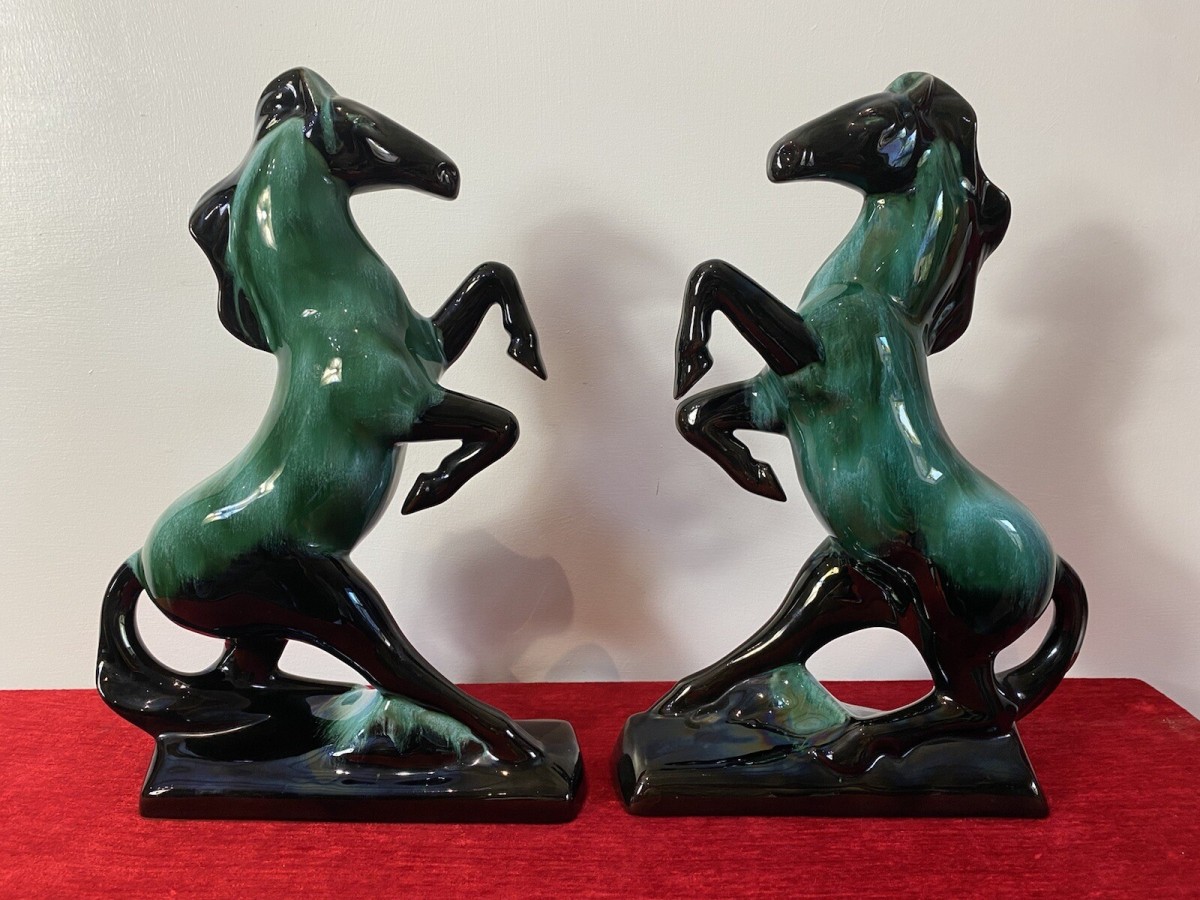 Pair Of Art Deco Style Terracotta Teal Drip Glazed Rearing Stallion Figurines