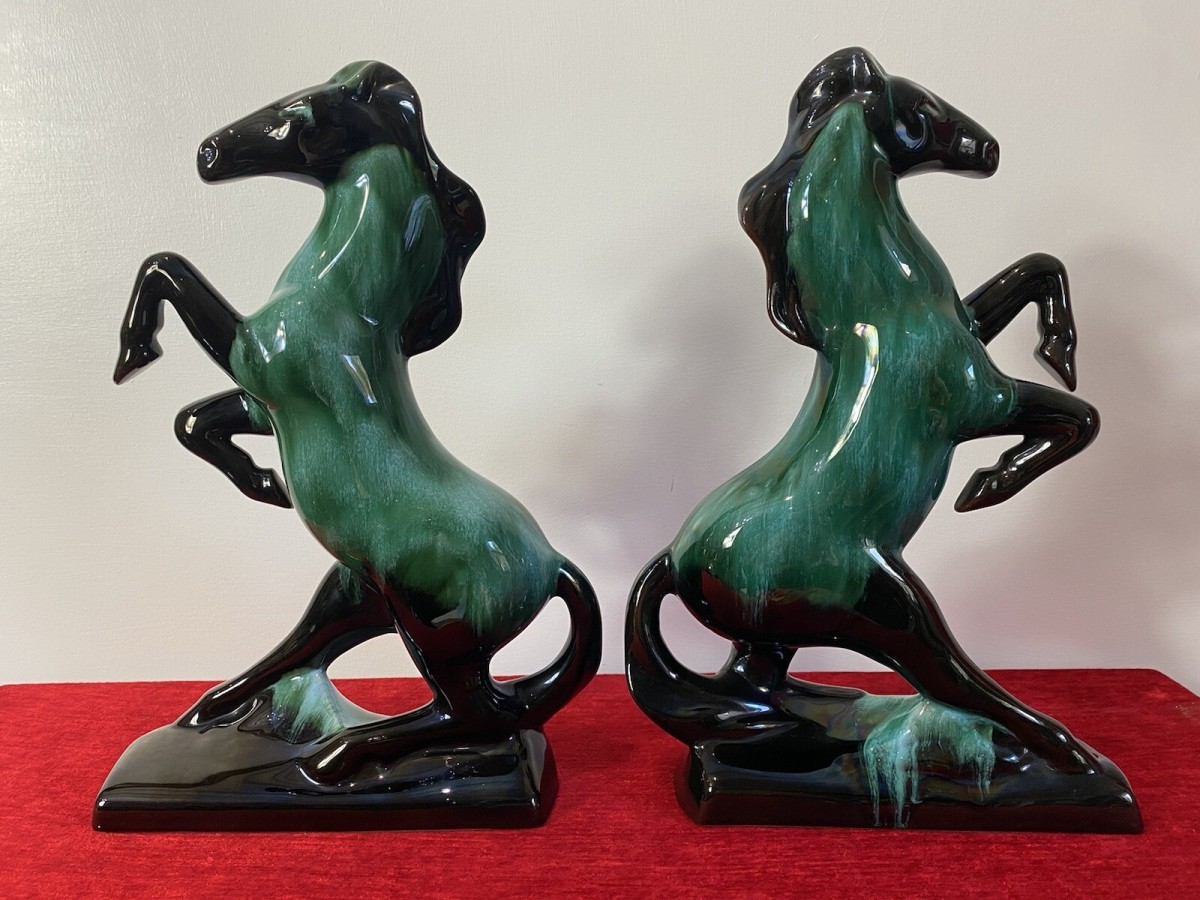 Pair Of Art Deco Style Terracotta Teal Drip Glazed Rearing Stallion Figurines