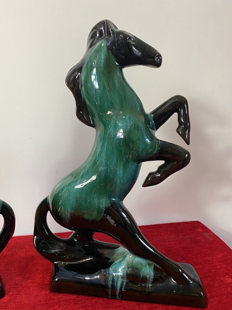 Pair Of Art Deco Style Terracotta Teal Drip Glazed Rearing Stallion Figurines