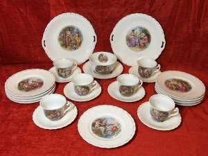 Angelica Kauffmann Style Romantic Neoclassical Scenes Afternoon Tea Service Circa - 1850 Composition - Hand Painted Porcelain Listing Description Stunning Feminine 23Pcs Porcelain Afternoon Tea Service Attributed To Angelica Kauffman. Each Piece Decorated With Central Hand Painted Romantic Neoclassical Scenes (6 Various Designs). Set Complete With Six Cups & Saucers, Two Serving Platters, One Sugar Bowl And Ten Side Plates. Stunning Talking Point For Any Afternoon Of Tea, Finger Sandwiches And Cakes. Condition - Excellent Showing Obvious Ware To Gilding Conducive Due To Age And Usage. Dimensions In Inches Server 9.5" Circumference Cup Height 2.5" Width 4" x Circumference 3" Saucer 5.5" Circumference Sugar Bowl Height 2.5" X 4" Circumference Side Plate 7" Circumference