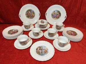 Angelica Kauffmann Style Romantic Neoclassical Scenes Afternoon Tea Service Circa - 1850 Composition - Hand Painted Porcelain Listing Description Stunning Feminine 23Pcs Porcelain Afternoon Tea Service Attributed To Angelica Kauffman. Each Piece Decorated With Central Hand Painted Romantic Neoclassical Scenes (6 Various Designs). Set Complete With Six Cups & Saucers, Two Serving Platters, One Sugar Bowl And Ten Side Plates. Stunning Talking Point For Any Afternoon Of Tea, Finger Sandwiches And Cakes. Condition - Excellent Showing Obvious Ware To Gilding Conducive Due To Age And Usage. Dimensions In Inches Server 9.5" Circumference Cup Height 2.5" Width 4" x Circumference 3" Saucer 5.5" Circumference Sugar Bowl Height 2.5" X 4" Circumference Side Plate 7" Circumference