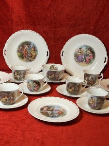 Angelica Kauffmann Style Romantic Neoclassical Scenes Afternoon Tea Service Circa - 1850 Composition - Hand Painted Porcelain Listing Description Stunning Feminine 23Pcs Porcelain Afternoon Tea Service Attributed To Angelica Kauffman. Each Piece Decorated With Central Hand Painted Romantic Neoclassical Scenes (6 Various Designs). Set Complete With Six Cups & Saucers, Two Serving Platters, One Sugar Bowl And Ten Side Plates. Stunning Talking Point For Any Afternoon Of Tea, Finger Sandwiches And Cakes. Condition - Excellent Showing Obvious Ware To Gilding Conducive Due To Age And Usage. Dimensions In Inches Server 9.5" Circumference Cup Height 2.5" Width 4" x Circumference 3" Saucer 5.5" Circumference Sugar Bowl Height 2.5" X 4" Circumference Side Plate 7" Circumference