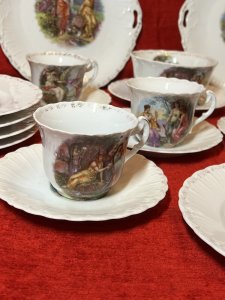 Angelica Kauffmann Style Romantic Neoclassical Scenes Afternoon Tea Service Circa - 1850 Composition - Hand Painted Porcelain Listing Description Stunning Feminine 23Pcs Porcelain Afternoon Tea Service Attributed To Angelica Kauffman. Each Piece Decorated With Central Hand Painted Romantic Neoclassical Scenes (6 Various Designs). Set Complete With Six Cups & Saucers, Two Serving Platters, One Sugar Bowl And Ten Side Plates. Stunning Talking Point For Any Afternoon Of Tea, Finger Sandwiches And Cakes. Condition - Excellent Showing Obvious Ware To Gilding Conducive Due To Age And Usage. Dimensions In Inches Server 9.5" Circumference Cup Height 2.5" Width 4" x Circumference 3" Saucer 5.5" Circumference Sugar Bowl Height 2.5" X 4" Circumference Side Plate 7" Circumference