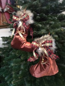 Monarch Of The Glen Designer Pair Of Copper Silk Velvet With Faux Fur Trim, Reindeer Head, Red Tartan Bows With Reindeers Design Chrismas Stockings Brand New Handmade In The Uk Luxury Copper Silk Velvet Gold Satin Lining Deep Faux Fur Trim With Tartan Reindeer Bows And Reindeer Head Decoration And Gold Bells Gold Ribbon Hanging Hooks 4” Most Luxury Stockings You Will Find Designer Made One Off Bespoke Stocking You Will Not Find These In The Shops Fill With All Your Christmas Presents And Hang On Your Mantlepiece Exceptional Quality Stocking Made In the Finest Fabric And Trimmings Fabulous Presents Or Decorations Dimensions In Inches Height 19” Top Width 8” Bottom Width 13” Faux Fur Trim Depth 6”