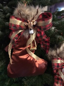 Monarch Of The Glen Designer Pair Of Copper Silk Velvet With Faux Fur Trim, Reindeer Head, Red Tartan Bows With Reindeers Design Chrismas Stockings Brand New Handmade In The Uk Luxury Copper Silk Velvet Gold Satin Lining Deep Faux Fur Trim With Tartan Reindeer Bows And Reindeer Head Decoration And Gold Bells Gold Ribbon Hanging Hooks 4” Most Luxury Stockings You Will Find Designer Made One Off Bespoke Stocking You Will Not Find These In The Shops Fill With All Your Christmas Presents And Hang On Your Mantlepiece Exceptional Quality Stocking Made In the Finest Fabric And Trimmings Fabulous Presents Or Decorations Dimensions In Inches Height 19” Top Width 8” Bottom Width 13” Faux Fur Trim Depth 6”