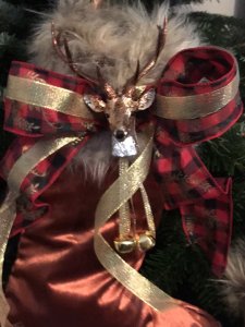 Monarch Of The Glen Designer Pair Of Copper Silk Velvet With Faux Fur Trim, Reindeer Head, Red Tartan Bows With Reindeers Design Chrismas Stockings Brand New Handmade In The Uk Luxury Copper Silk Velvet Gold Satin Lining Deep Faux Fur Trim With Tartan Reindeer Bows And Reindeer Head Decoration And Gold Bells Gold Ribbon Hanging Hooks 4” Most Luxury Stockings You Will Find Designer Made One Off Bespoke Stocking You Will Not Find These In The Shops Fill With All Your Christmas Presents And Hang On Your Mantlepiece Exceptional Quality Stocking Made In the Finest Fabric And Trimmings Fabulous Presents Or Decorations Dimensions In Inches Height 19” Top Width 8” Bottom Width 13” Faux Fur Trim Depth 6”