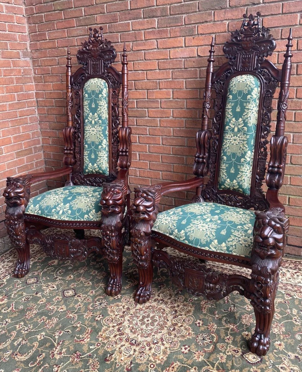 Fine Reproduction Pair Of Colonial Throne Seats With Lion Claw Feet