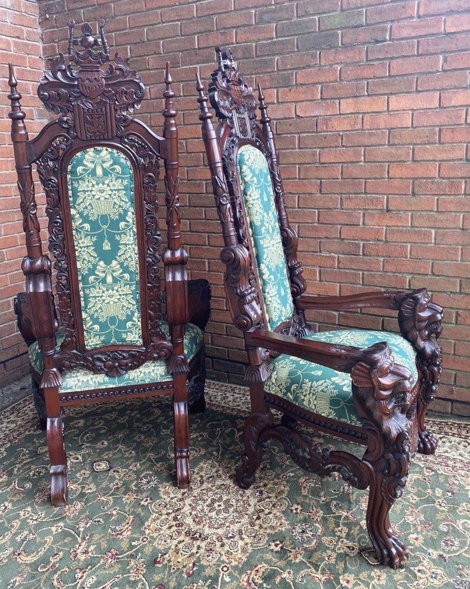 Fine Reproduction Pair Of Colonial Throne Seats With Lion Claw Feet