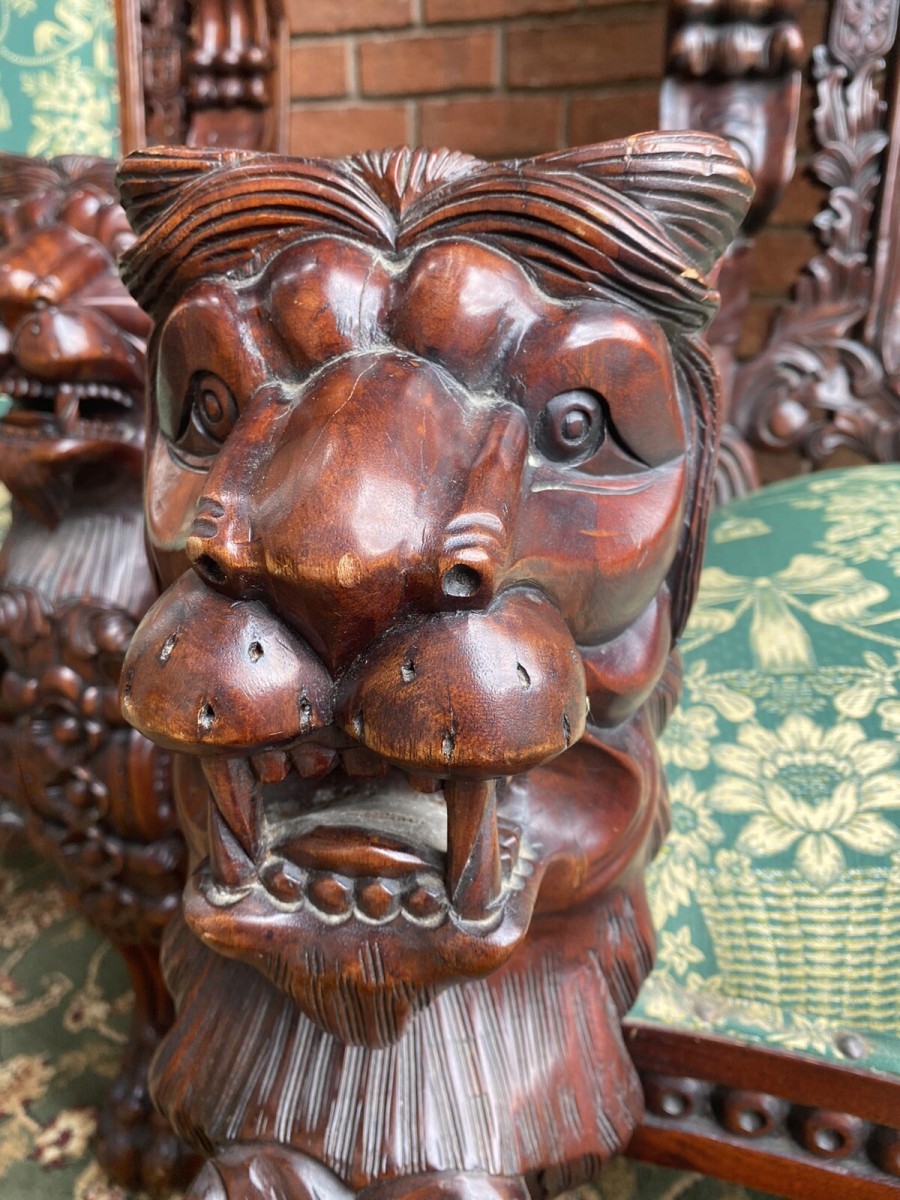 Fine Reproduction Pair Of Colonial Throne Seats With Lion Claw Feet