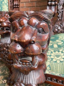 Fine Reproduction Pair Of Colonial Throne Seats With Lion Claw Feet. Circa - Vintage Reproduction Composition- Hardwood Exceptional Pair Of Profusely Carved High Back Throne Chairs. Towering High Backs With Central Coat Of Arms Plaque With Double Pinnacles Leading Down Into Lion Head Armrests. The Decorative Back Rests Hand Carved With Scrolled Acanthus Leaves & Entwined Coats Of Arms With Central Cushioned Panel Finished With Brass Stud Design. A Lovely Wide Seat Upholstered With Rich Green/Gold Silk Decorated With Bouquets Of Flowers, Swags And Tassels. Standing Upon Elaborate Lion Claw Feet With Rose Motifs. Stunning Hand Carved Craftsman Made Hardwood Chairs Finished In French Polished Patina. Original Condition A Museum Quality Pair. Fabulous Pair For Prestigious Collector/ Interior Designer /Film Production Prop. Would Look Amazing Next To Large Fireplace Or In Elaborate Entrance Hall / Lounge Area. Provenance Purchased From Prestigious Castle In The Scottish Highlands. Dimensions In Cms Back Height 185cm Width 90cm Seat Width 52cm Front To Back Depth 73cm