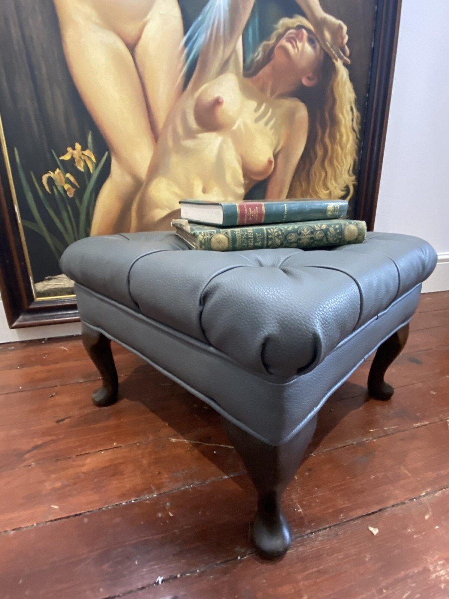 Vintage Chesterfield Deep Buttoned Leather Footstool With Queen Anne Legs