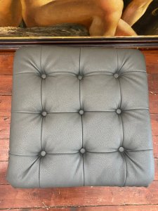 Vintage Dove Grey Deep Buttoned Leather Footstool With Queen Anne Legs. Circa - Vintage Composition- Leather Upholstery Hardwood Frame Quality Vintage Square Chesterfield Footstool With Deep Buttoned Top In Sumptuous Dove Grey Leather With Tucked Corners And Piped Edge Finish. Standing Upon Mahogany Queen Anne Legs. Condition- Pristine Leather. Minor Scratches To Legs Due To Age And Usage. Dimensions In Inches Height 13” Width 21” Depth 21”