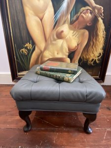 Vintage Dove Grey Deep Buttoned Leather Footstool With Queen Anne Legs. Circa - Vintage Composition- Leather Upholstery Hardwood Frame Quality Vintage Square Chesterfield Footstool With Deep Buttoned Top In Sumptuous Dove Grey Leather With Tucked Corners And Piped Edge Finish. Standing Upon Mahogany Queen Anne Legs. Condition- Pristine Leather. Minor Scratches To Legs Due To Age And Usage. Dimensions In Inches Height 13” Width 21” Depth 21”