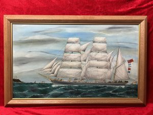 Fine 19th Century Baroque Sailing Ship Oil Painting After John Frederick Loos Circa - 19th Century Composition - Oil On Canvas Listing Description Fine Quality Maritime Artwork After Prolific Artist John Frederick Loos 1861-1895. John Frederick Loos 1861-1895 From A Family Of Marine Artists Working In Antwerp During The second half of The Nineteenth Century. Son Of John F Loos 1859-1867. Unlike His Father John Painted Vessels In A Smoother Manner. Working Predominantly In Oils John Received Numerous Commissions From British And American Ships Captains Who Called To Antwerp. A more Prolific Artist Than Both His Father And Brother Henry, The Majority Of Johns Works Depict Sailing Vessels On The English Channel. Artworks Held In Collections Of The Yarmouth Museum In Nova Scotia, The Peabody Essex Museum At Salem In Massachusetts, The Maine Maritime Museum At Bath In Maine As Well As Several Museums In Belgium. Artwork Depicting Early 19th Century Tall Triple Masted British Sailing Vessel At Sea With Intricately Painted Masts And Rigging. Light Grey Hull With Prominent White Markings, Long Deck With Visible Lifeboats And Severn Crew Members Including Captain At Ships Wheel At The Bow, Other Crew In Various Poses. Mast With Five Flags Flying Including British Red Ensign & Scottish Flag. Excellent Perspective, Slightly Overcast Skies & Choppy Seas As Far As The Eye Can See. Headland With Lighthouse (Left Side) With Steam Ship And Two Small Sailing Vessels Including One Sailing Vessel Reading '1 Cork' Upon Masts. Unsigned Wonderful Maritime Artwork For Avid Collector. Provenance Part Of Lord Hill Museum Private Collection Dimensions In Cms Height 59.5cm Width 93cm