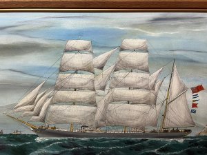 Fine 19th Century Baroque Sailing Ship Oil Painting After John Frederick Loos Circa - 19th Century Composition - Oil On Canvas Listing Description Fine Quality Maritime Artwork After Prolific Artist John Frederick Loos 1861-1895. John Frederick Loos 1861-1895 From A Family Of Marine Artists Working In Antwerp During The second half of The Nineteenth Century. Son Of John F Loos 1859-1867. Unlike His Father John Painted Vessels In A Smoother Manner. Working Predominantly In Oils John Received Numerous Commissions From British And American Ships Captains Who Called To Antwerp. A more Prolific Artist Than Both His Father And Brother Henry, The Majority Of Johns Works Depict Sailing Vessels On The English Channel. Artworks Held In Collections Of The Yarmouth Museum In Nova Scotia, The Peabody Essex Museum At Salem In Massachusetts, The Maine Maritime Museum At Bath In Maine As Well As Several Museums In Belgium. Artwork Depicting Early 19th Century Tall Triple Masted British Sailing Vessel At Sea With Intricately Painted Masts And Rigging. Light Grey Hull With Prominent White Markings, Long Deck With Visible Lifeboats And Severn Crew Members Including Captain At Ships Wheel At The Bow, Other Crew In Various Poses. Mast With Five Flags Flying Including British Red Ensign & Scottish Flag. Excellent Perspective, Slightly Overcast Skies & Choppy Seas As Far As The Eye Can See. Headland With Lighthouse (Left Side) With Steam Ship And Two Small Sailing Vessels Including One Sailing Vessel Reading '1 Cork' Upon Masts. Unsigned Wonderful Maritime Artwork For Avid Collector. Provenance Part Of Lord Hill Museum Private Collection Dimensions In Cms Height 59.5cm Width 93cm