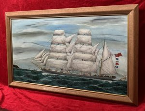 Fine 19th Century Baroque Sailing Ship Oil Painting After John Frederick Loos Circa - 19th Century Composition - Oil On Canvas Listing Description Fine Quality Maritime Artwork After Prolific Artist John Frederick Loos 1861-1895. John Frederick Loos 1861-1895 From A Family Of Marine Artists Working In Antwerp During The second half of The Nineteenth Century. Son Of John F Loos 1859-1867. Unlike His Father John Painted Vessels In A Smoother Manner. Working Predominantly In Oils John Received Numerous Commissions From British And American Ships Captains Who Called To Antwerp. A more Prolific Artist Than Both His Father And Brother Henry, The Majority Of Johns Works Depict Sailing Vessels On The English Channel. Artworks Held In Collections Of The Yarmouth Museum In Nova Scotia, The Peabody Essex Museum At Salem In Massachusetts, The Maine Maritime Museum At Bath In Maine As Well As Several Museums In Belgium. Artwork Depicting Early 19th Century Tall Triple Masted British Sailing Vessel At Sea With Intricately Painted Masts And Rigging. Light Grey Hull With Prominent White Markings, Long Deck With Visible Lifeboats And Severn Crew Members Including Captain At Ships Wheel At The Bow, Other Crew In Various Poses. Mast With Five Flags Flying Including British Red Ensign & Scottish Flag. Excellent Perspective, Slightly Overcast Skies & Choppy Seas As Far As The Eye Can See. Headland With Lighthouse (Left Side) With Steam Ship And Two Small Sailing Vessels Including One Sailing Vessel Reading '1 Cork' Upon Masts. Unsigned Wonderful Maritime Artwork For Avid Collector. Provenance Part Of Lord Hill Museum Private Collection Dimensions In Cms Height 59.5cm Width 93cm