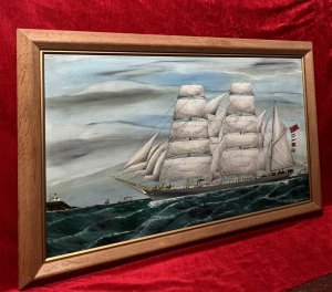 Fine 19th Century Baroque Sailing Ship Oil Painting After John Frederick Loos Circa - 19th Century Composition - Oil On Canvas Listing Description Fine Quality Maritime Artwork After Prolific Artist John Frederick Loos 1861-1895. John Frederick Loos 1861-1895 From A Family Of Marine Artists Working In Antwerp During The second half of The Nineteenth Century. Son Of John F Loos 1859-1867. Unlike His Father John Painted Vessels In A Smoother Manner. Working Predominantly In Oils John Received Numerous Commissions From British And American Ships Captains Who Called To Antwerp. A more Prolific Artist Than Both His Father And Brother Henry, The Majority Of Johns Works Depict Sailing Vessels On The English Channel. Artworks Held In Collections Of The Yarmouth Museum In Nova Scotia, The Peabody Essex Museum At Salem In Massachusetts, The Maine Maritime Museum At Bath In Maine As Well As Several Museums In Belgium. Artwork Depicting Early 19th Century Tall Triple Masted British Sailing Vessel At Sea With Intricately Painted Masts And Rigging. Light Grey Hull With Prominent White Markings, Long Deck With Visible Lifeboats And Severn Crew Members Including Captain At Ships Wheel At The Bow, Other Crew In Various Poses. Mast With Five Flags Flying Including British Red Ensign & Scottish Flag. Excellent Perspective, Slightly Overcast Skies & Choppy Seas As Far As The Eye Can See. Headland With Lighthouse (Left Side) With Steam Ship And Two Small Sailing Vessels Including One Sailing Vessel Reading '1 Cork' Upon Masts. Unsigned Wonderful Maritime Artwork For Avid Collector. Provenance Part Of Lord Hill Museum Private Collection Dimensions In Cms Height 59.5cm Width 93cm
