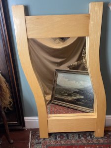 Large Contemporary Art Satinwood Wave Studio Mirror Tall Fine Quality Satinwood Studio Mirror In Unusual Wave Shape. Wall Mounting Brackets On Reverse. Heavy Item For Further Info Please Call The Museum Curator On 07707 488 566 Thank-you Dimensions in Inches Height 140cm x Width 73cm x Depth 6cm