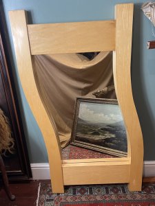 Large Contemporary Art Satinwood Wave Studio Mirror Tall Fine Quality Satinwood Studio Mirror In Unusual Wave Shape. Wall Mounting Brackets On Reverse. Heavy Item For Further Info Please Call The Museum Curator On 07707 488 566 Thank-you Dimensions in Inches Height 140cm x Width 73cm x Depth 6cm