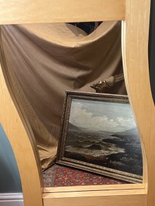 Large Contemporary Art Satinwood Wave Studio Mirror Tall Fine Quality Satinwood Studio Mirror In Unusual Wave Shape. Wall Mounting Brackets On Reverse. Heavy Item For Further Info Please Call The Museum Curator On 07707 488 566 Thank-you Dimensions in Inches Height 140cm x Width 73cm x Depth 6cm